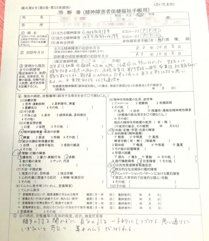 診断書表（精神障害保険福祉手帳用）